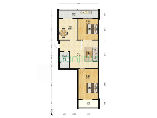 晋商银行宿舍 2室2厅1卫 98平方