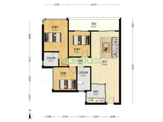 中建玖玥湾 3室1厅2卫 100平方