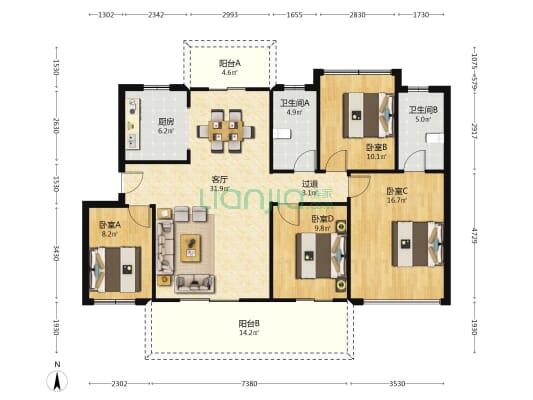 隆生鹿江花园 4室1厅2卫 140平方