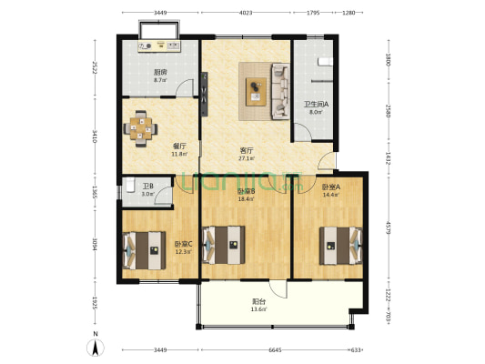 防疫站家属楼 3室2厅2卫 134平方