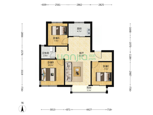 东浩雅苑 3室1厅1卫 89平方