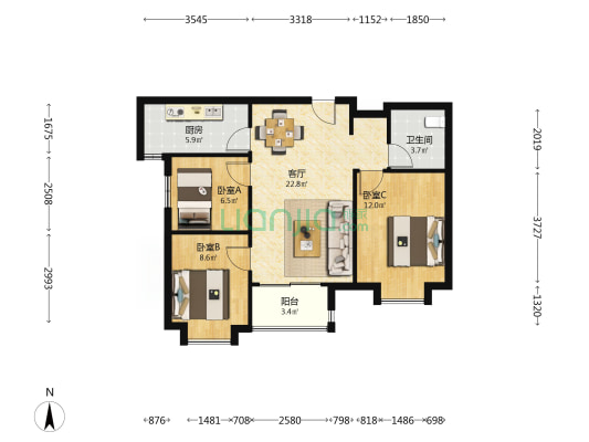 万科金域缇香 3室1厅1卫 89平方