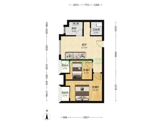 龙湖春江天玺阁 2室1厅1卫 70平方