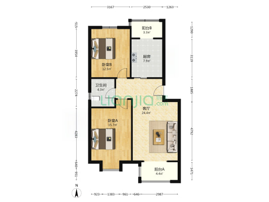 大安海福花园 2室1厅1卫 91平方