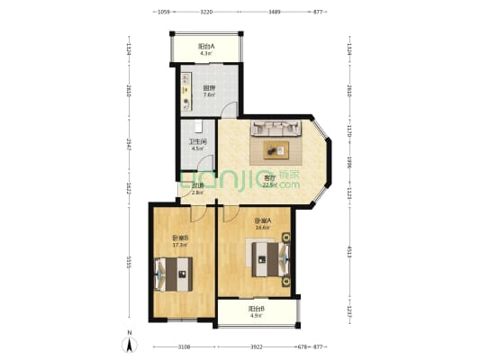 香榭里舍小区 2室1厅1卫 104平方
