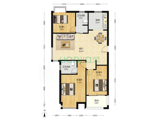 洞庭分秀 3室1厅2卫 125平方