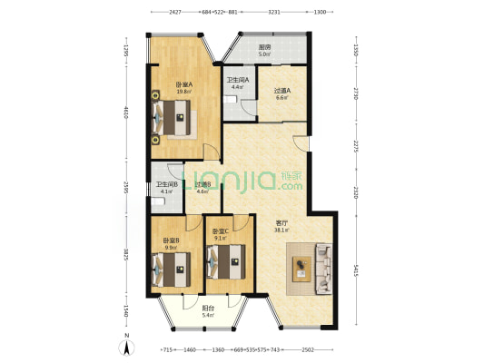 鑫雅园 3室1厅2卫 139平方