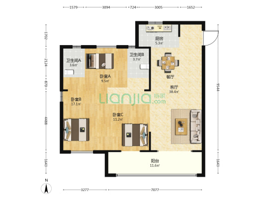 山水苑 3室1厅2卫 125平方