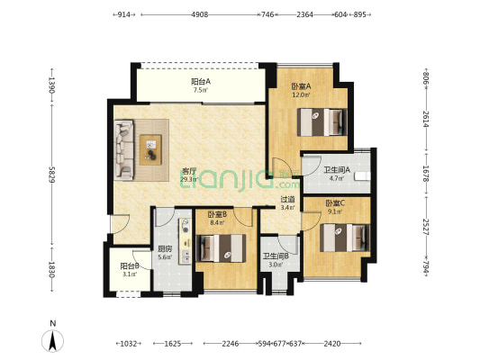 北辰悦来壹号印澜 3室1厅2卫 99平方