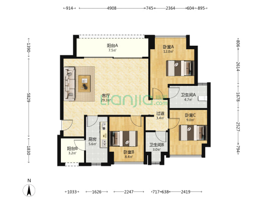 北辰悦来壹号印澜 3室1厅2卫 99平方