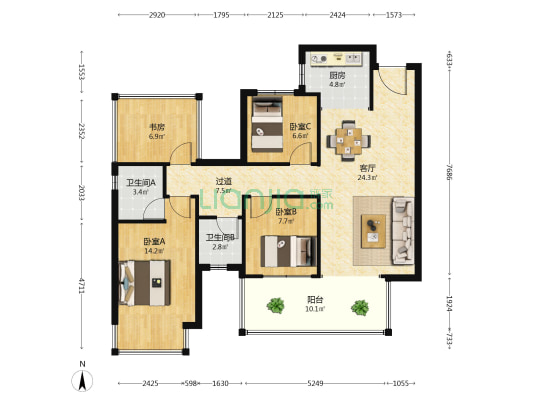大唐城央世家 4室1厅2卫 97平方