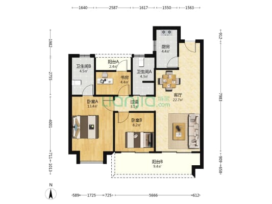流云苑 3室1厅2卫 104平方