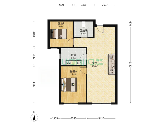 高铁新干线 2室2厅 南-户型图