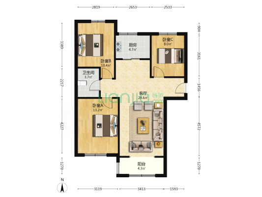 鹏渤印象城牛津花园 3室2厅 南 北-户型图