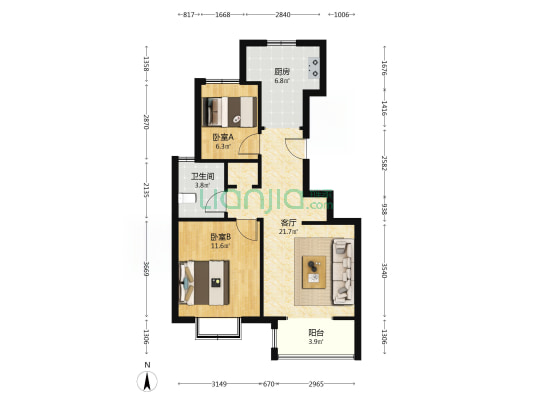 房本满五，税费少。毛坯房，南北通透两居-户型图