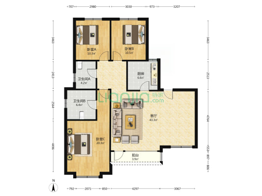 高铁新干线 一梯一户花园洋房，前后水系 采光好-户型图