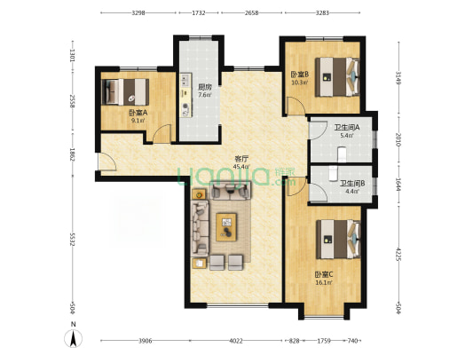 东户 餐厅 H户型 满二 毛坯 中层 西南侧楼栋 视野开阔-户型图
