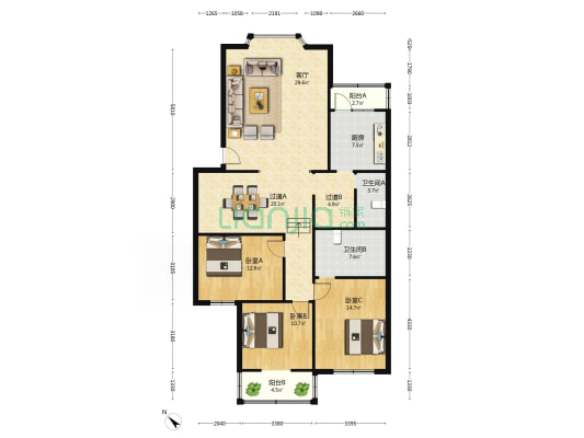 松林局干休所 3室1厅2卫 144平方