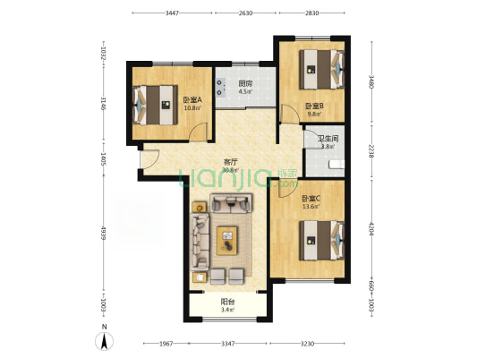 精装修 南北通透3居 拎包入住 高楼层 满二 看房方便-户型图