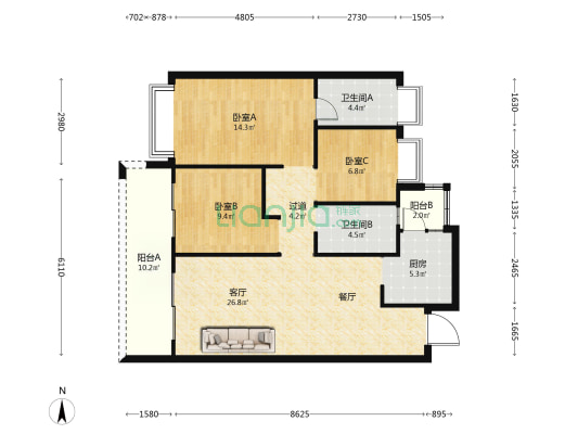 书香云海翰学苑 3室1厅2卫 116平方