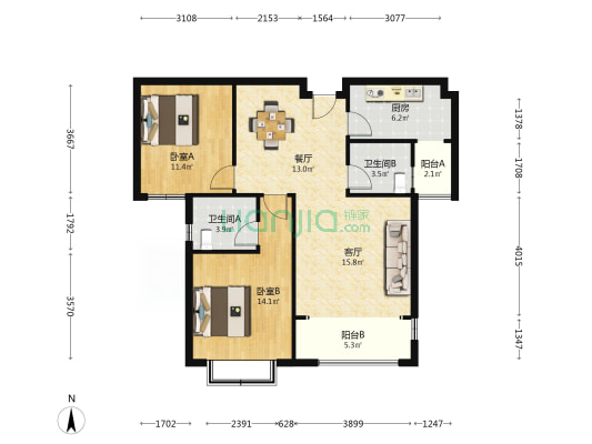 蓝江小区A区 2室2厅2卫 102平方