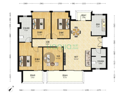 中南融创玖华台邸 4室1厅2卫 158平方
