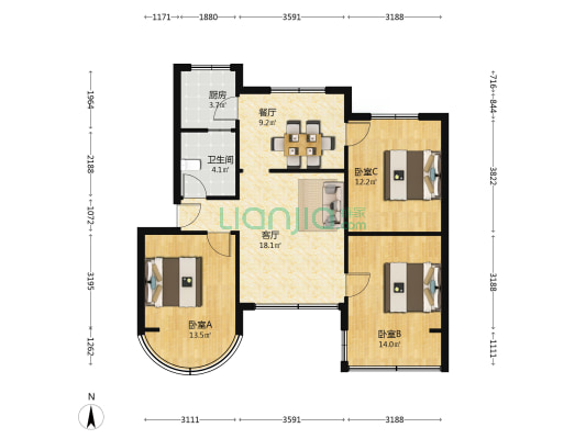 白依小区 3室2厅1卫 84平方