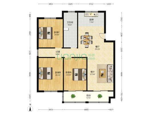 旭日花园 3室2厅1卫 130平方