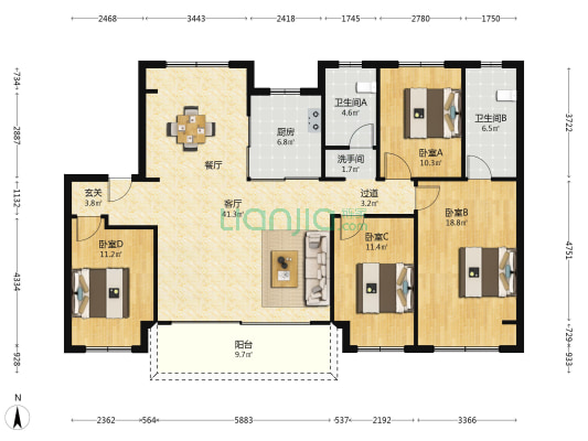 中国铁建·花语天辰 4室1厅3卫 140平方