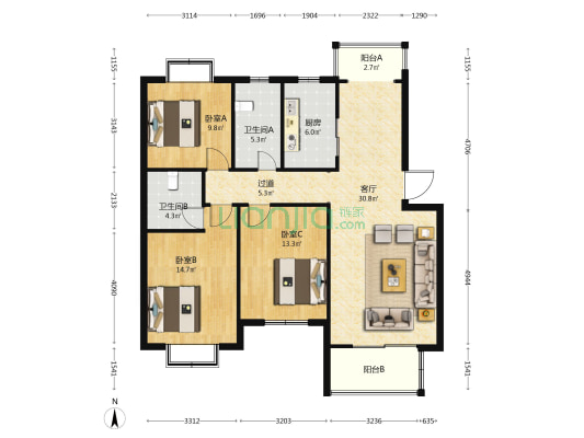 星辉湖畔 3室1厅2卫 116平方