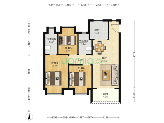 武汉卓越城 3室1厅2卫 95平方