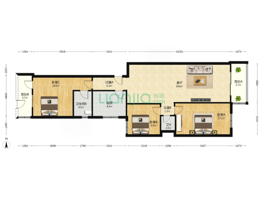 临江广场 3室1厅2卫 136平方