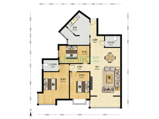 绿苑小区 3室1厅2卫 143平方