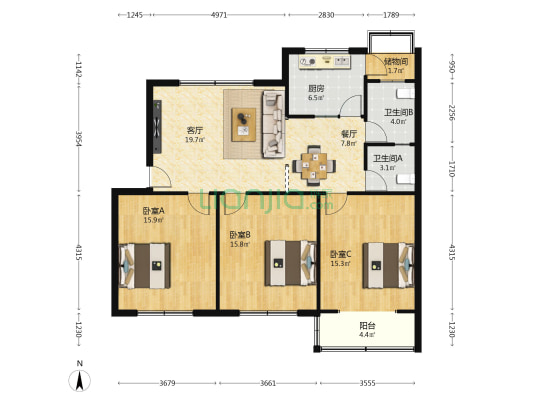 建行家属院 3室2厅2卫 113平方