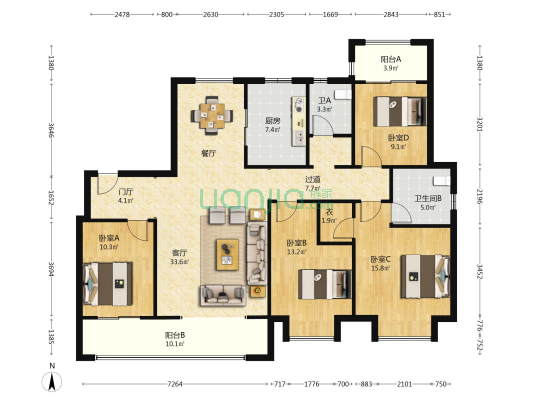 大观院 4室1厅2卫 167平方