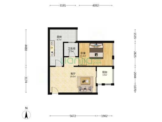 申烨太阳城四期 1室1厅1卫 65平方