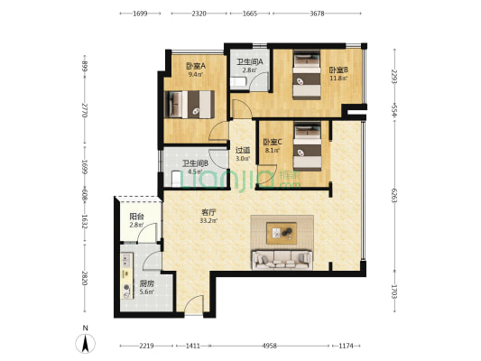 金鹏春晓蘭庭 3室1厅2卫 103平方