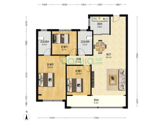 新东升福园南区 3室1厅2卫 140平方