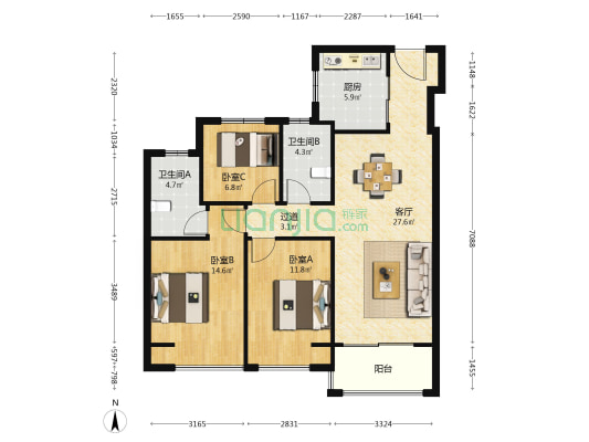 中海悦湖东方 3室1厅2卫 112平方