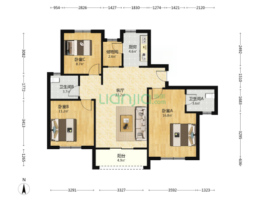 拓丰祥和居2号院 3室1厅2卫 126平方