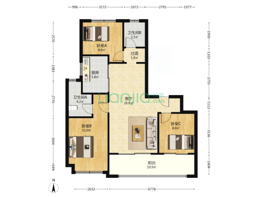 金基璞悦隽园 3室1厅2卫 116平方