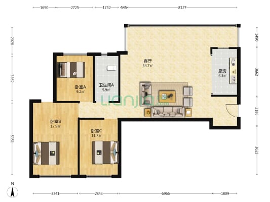 远洋·万和世家 3室1厅1卫 136平方
