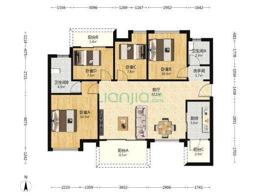左岸名都 4室1厅3卫 122平方