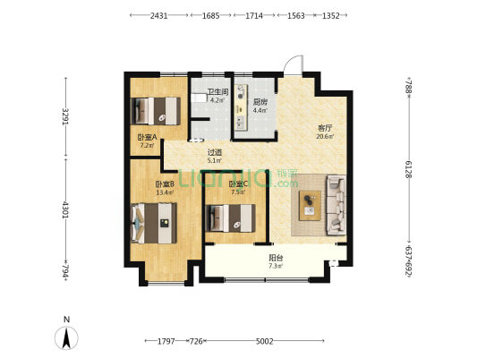 珺尚·馨泽园 3室1厅1卫 93平方