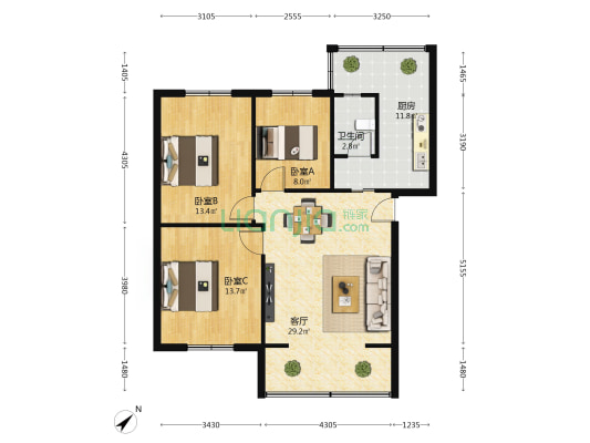 金科苑中街54号 3室1厅1卫 89平方