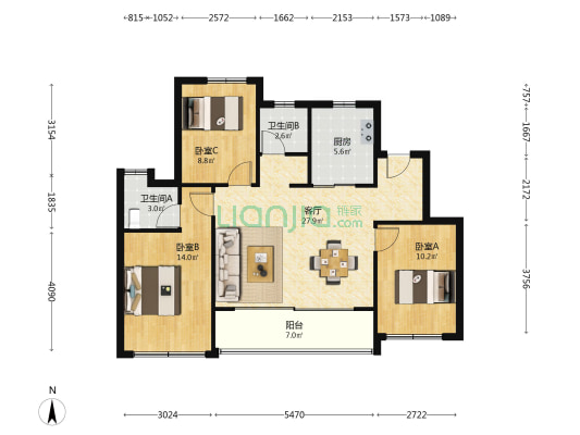 中旅东山府 3室1厅2卫 97平方