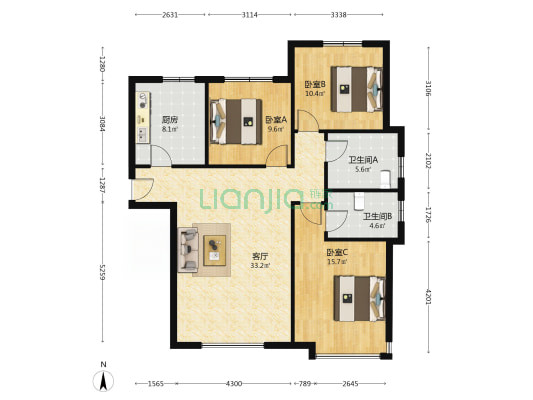 南向3居 户型方正 精装修  全天采光-户型图