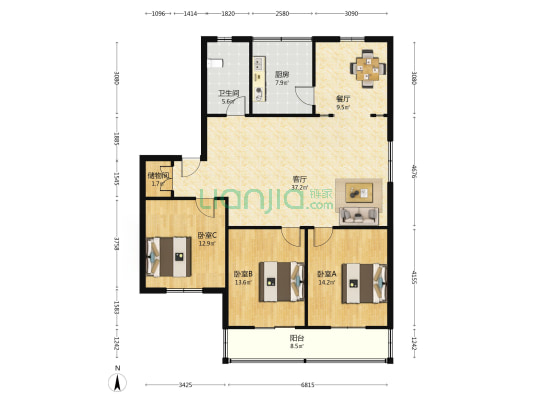 兰亭小区 3室2厅1卫 131平方