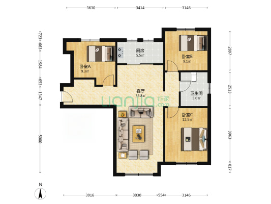 精装修 样板间F户型 东户 明卫 高楼层 位置前后不挡-户型图
