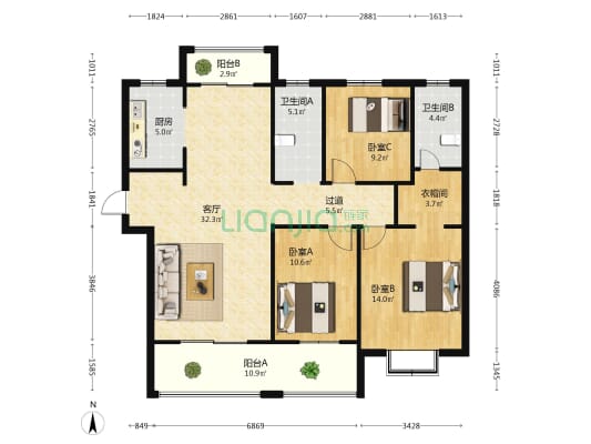 恒成金桂苑 3室1厅2卫 137平方